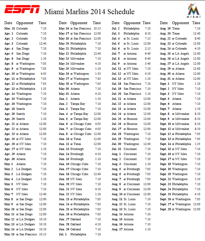 Miami Marlins 2014 Schedule